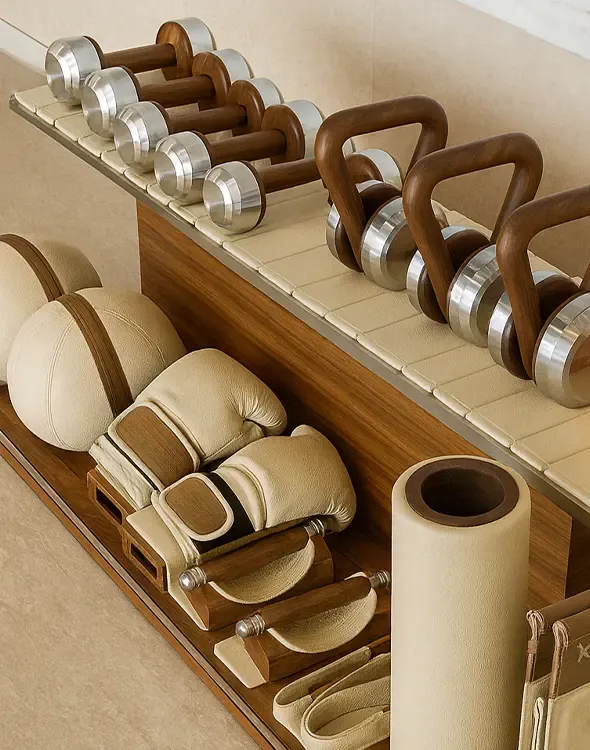 Luxury gym accessories in wood and leather within a refined wellness interior designed by LUV Studio.